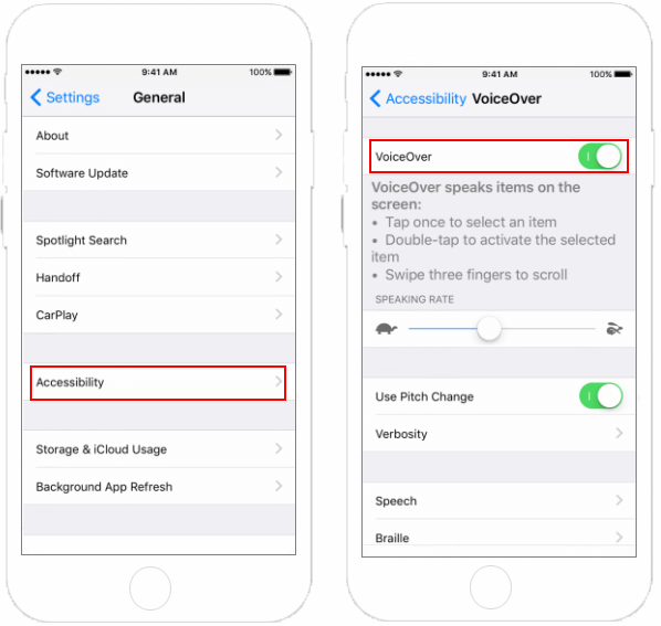 Turn on VoiceOver in Settings app
