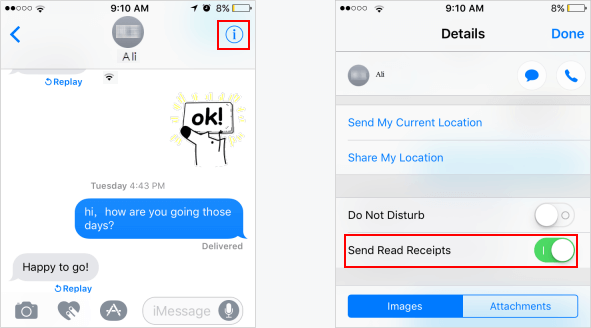 Enable or disable send read receipts for specific contacts