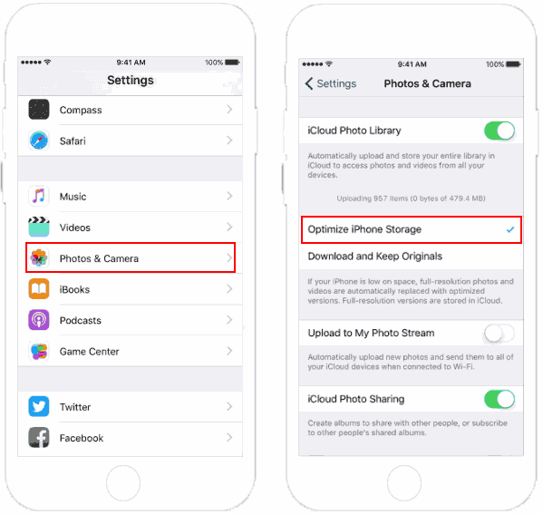 Enable optimize storage for iCloud Photo Library