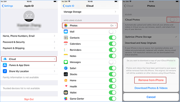delete photos by turning off iCloud Photos