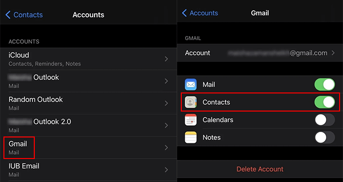 tap Gmail account and toggle Contacts on