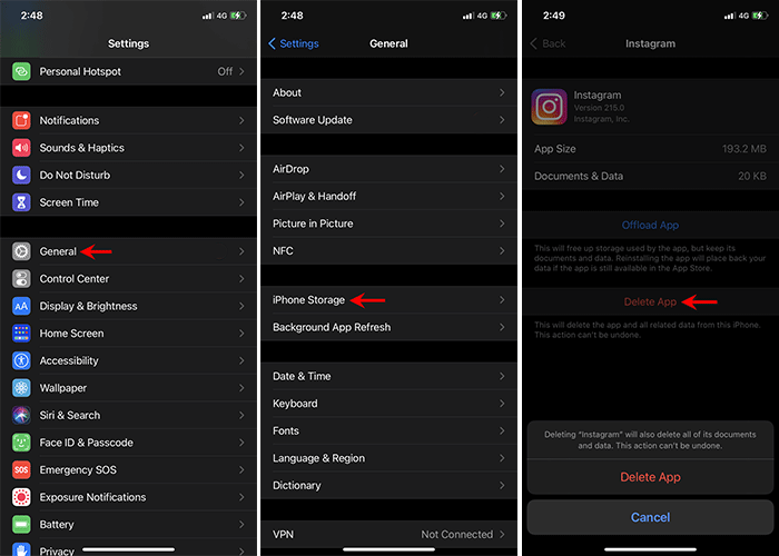 delete hidden apps from iPhone Settings
