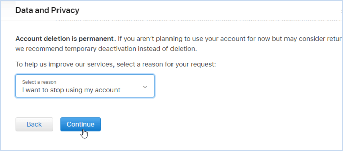 choose the reason for deleting your account