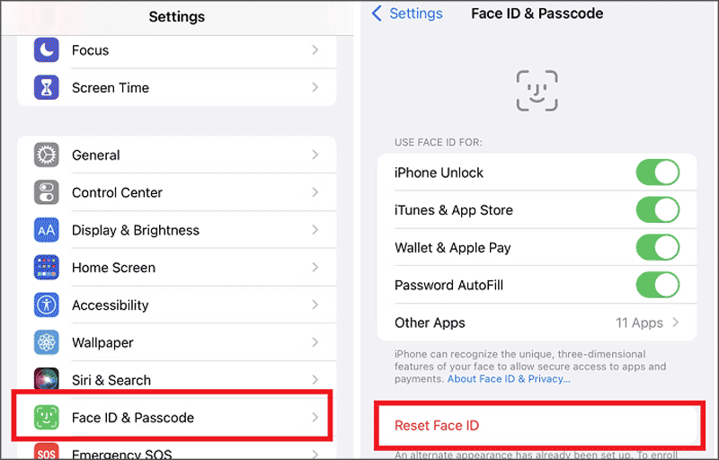 reset face id to fix face id not available
