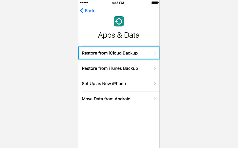 select restore from icloud back up