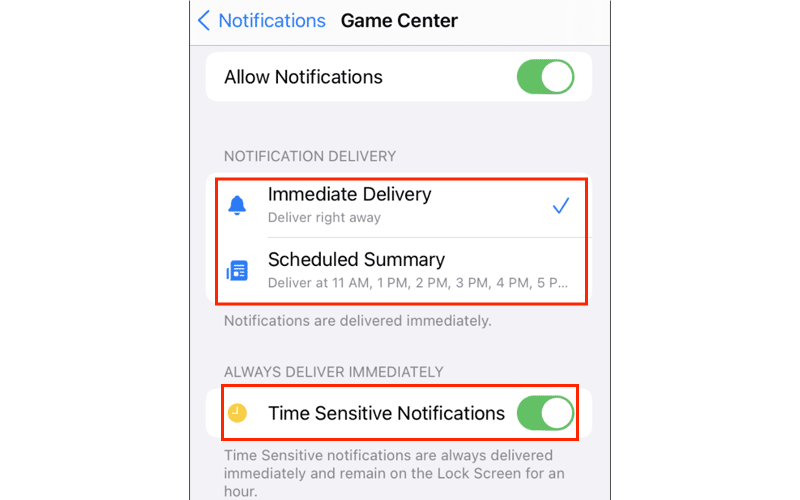 immediate delivery scheduled summary time sensitive notifications