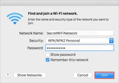 Select a security type, then enter Wi-Fi password