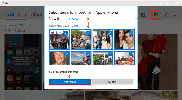 click Import and select photos