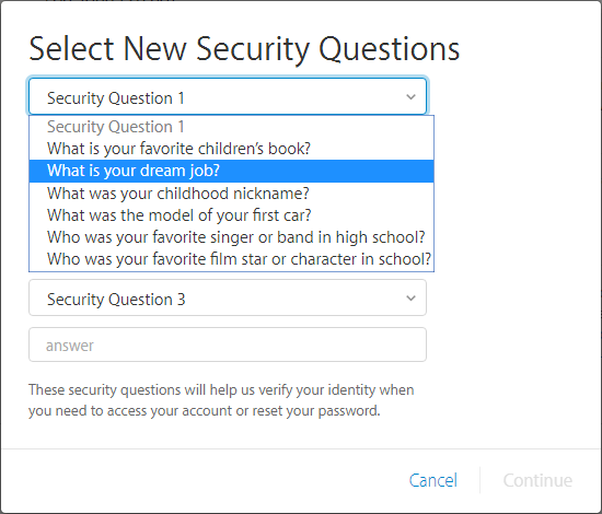 Create new securuty questions