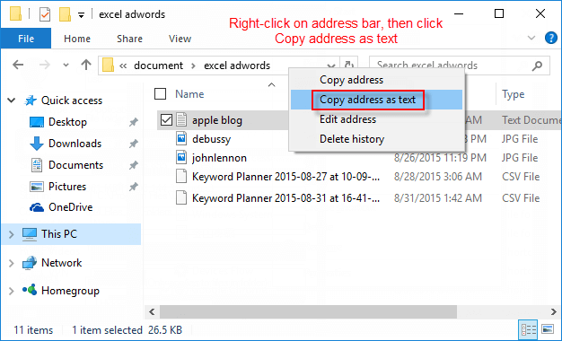 View the location of files and folder