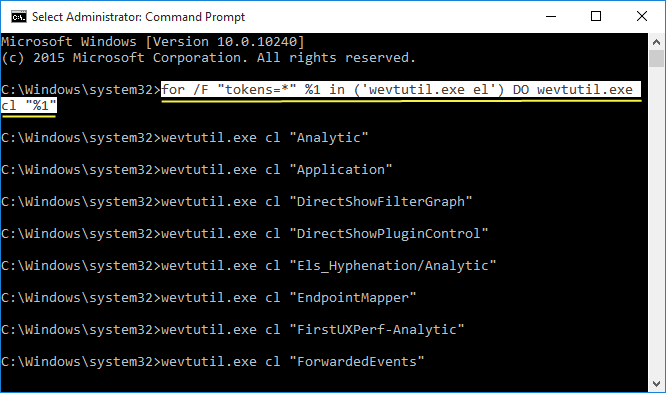 Clear all the Event Viewer log in Command Prompt