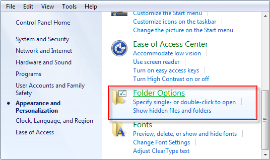 Open folder options in control panel