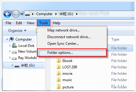 Open folder options