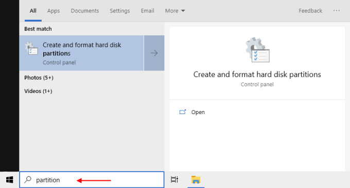 Type partitions in search box