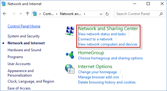 click network and sharing center link