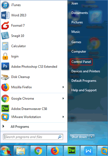 click start menu and choose control panel