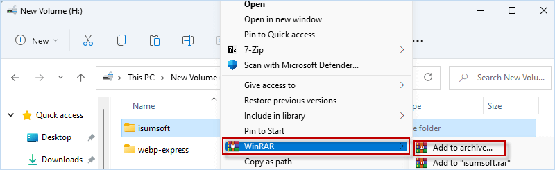 right-click folder and choose WinRAR > Add to archive