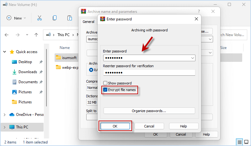 Enter a passwrd for folder in WinRAR