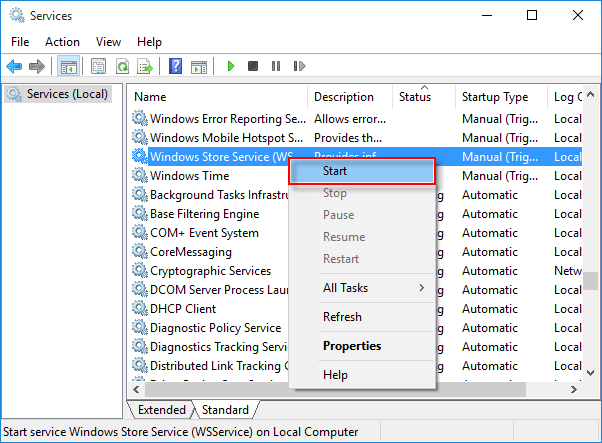 To start a service in Service Windows