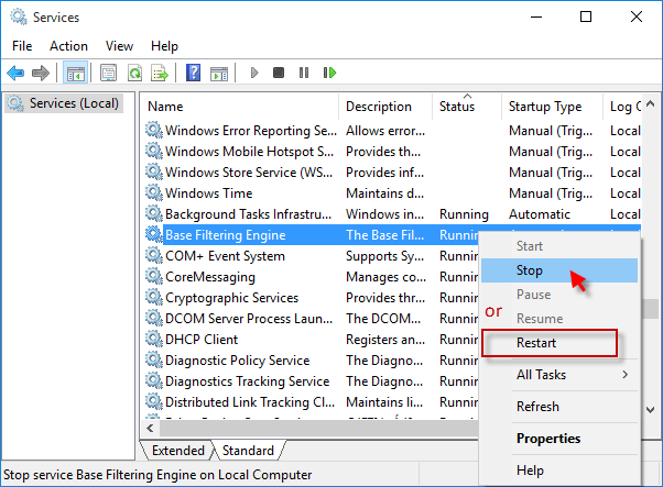 Stop or restar a service in Service Windows