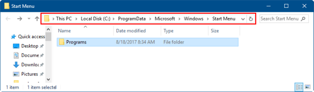 System start menu folder