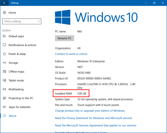 RAM in Windows 10 Settings