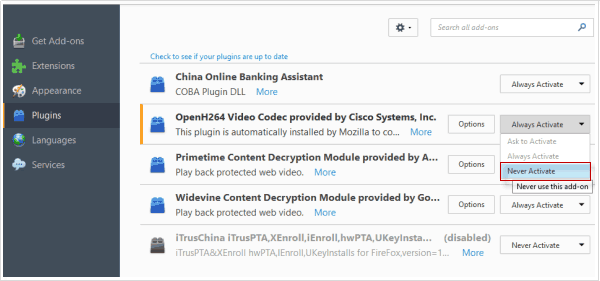 Disable Plugins for Firefox
