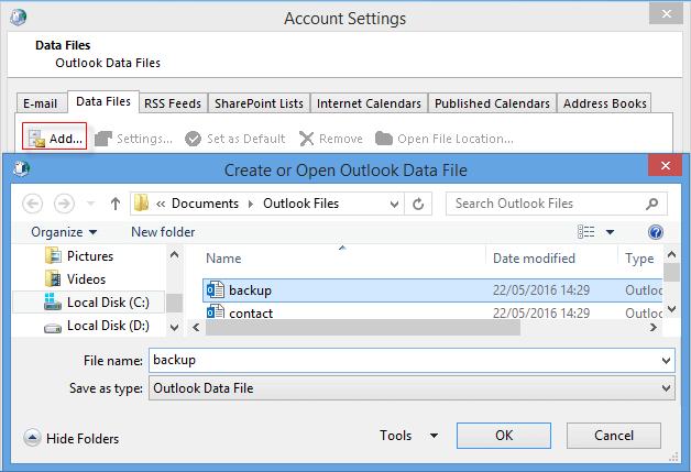 open outlook data backup file