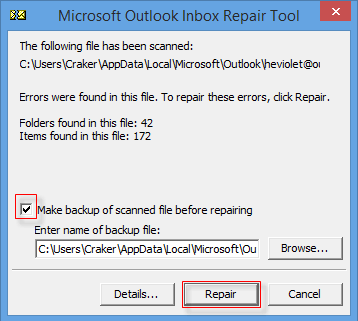 repair error pst file