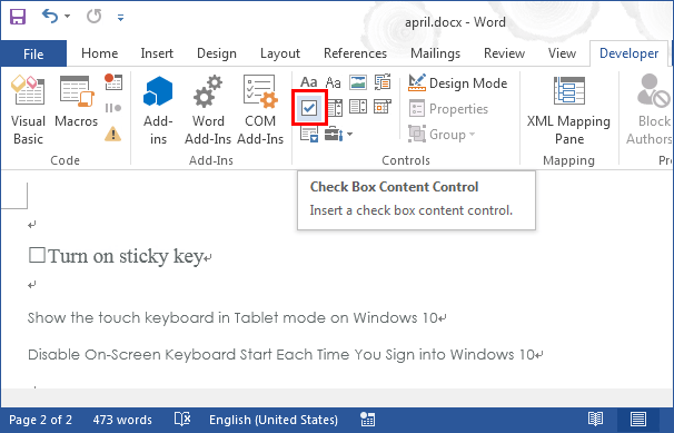 how to add checkboxes in microsoft word 2003