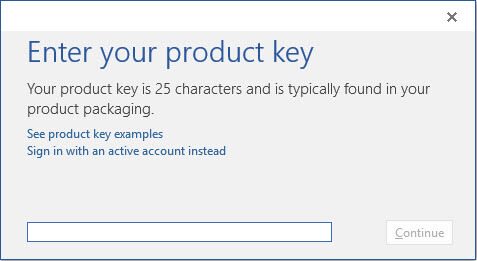 Enter product key to activate Office 2016