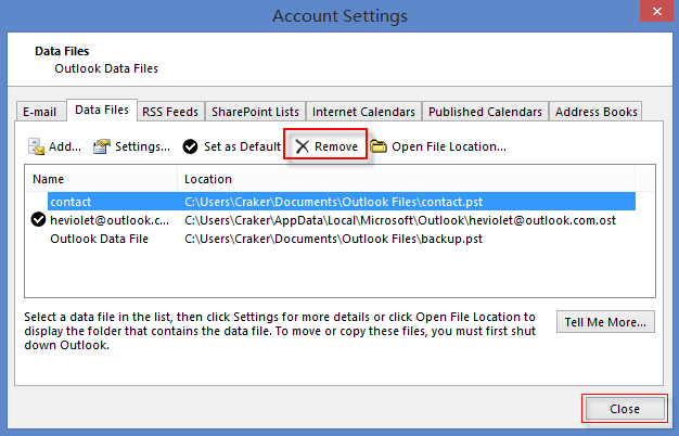 remove created pst data file