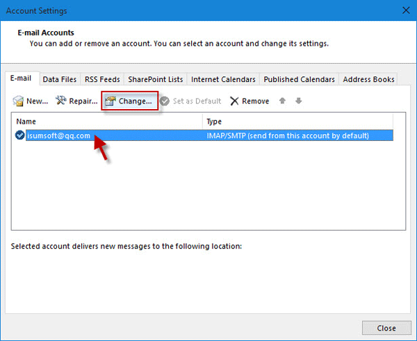 select email account and click Change