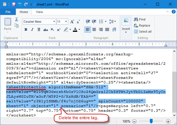 Delete sheetProtection tag