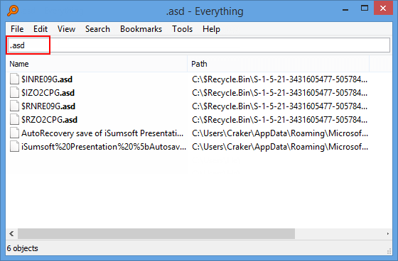 Use Everything to search for .asd file