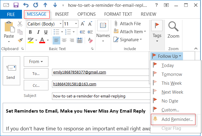 set a flag reminder for reminding email reply