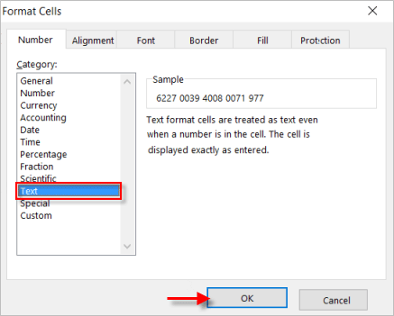 Format cells as text