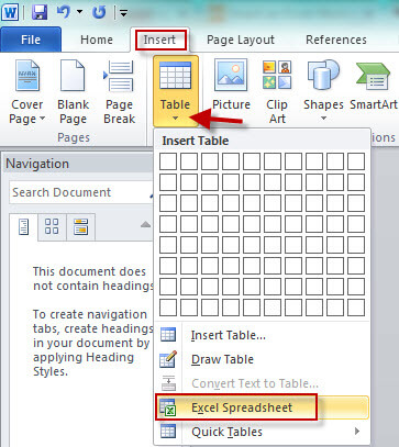 Insert excel table
