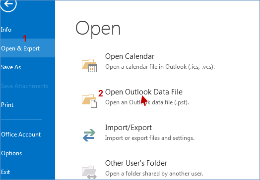 select open outlook data file