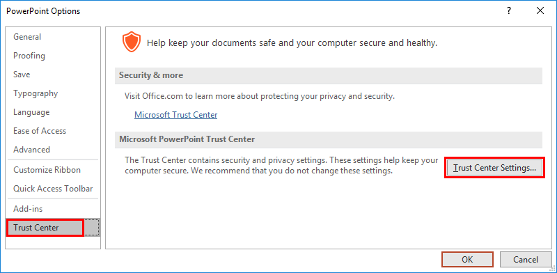 trust center settings
