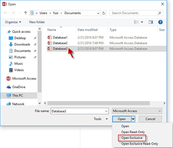 Open access database file in Exclusive mode
