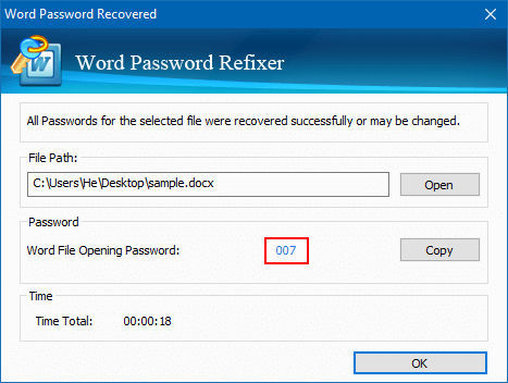 Word file opening password is cracked