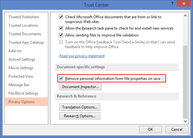 Remove personal information from file properties on save