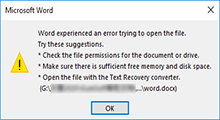 Word experienced an error tyring to open file