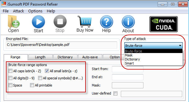 Select password attack type and settings