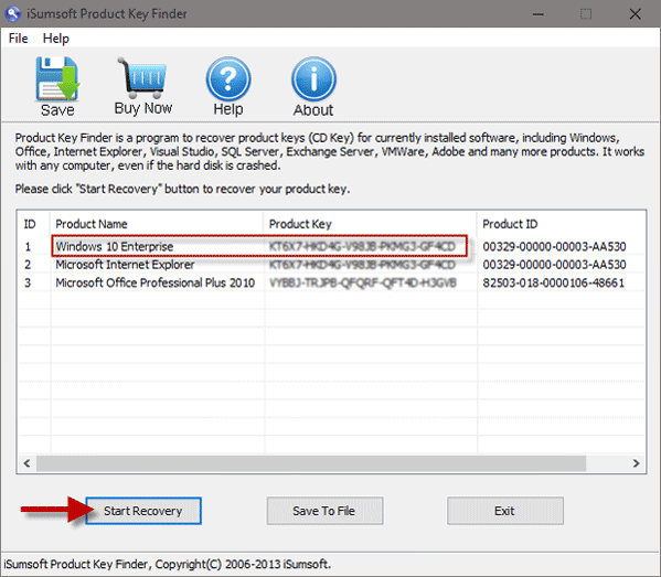 Click Start Recovery to find Windows product key