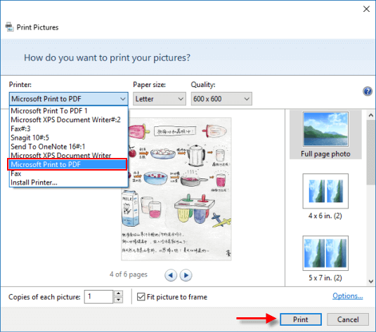 Print images to create PDF file