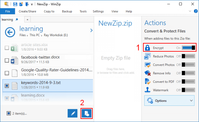 Create an encrypted zip file with Winzip