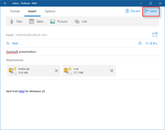 Send ZIP or RAR file in Windows 10 Mail app