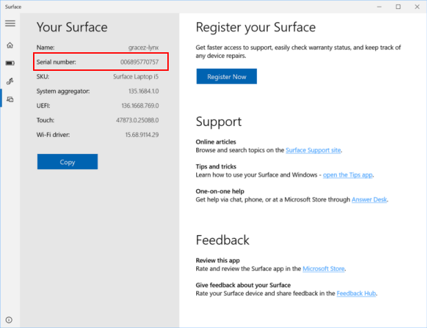 View Serial Number on Surface apps